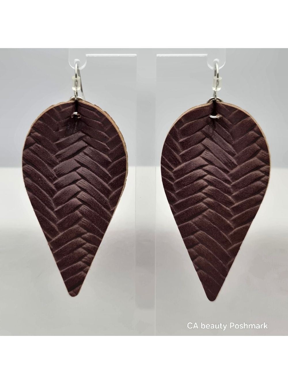 ✨2/$10✨ Handmade Brown Heringbone Leather Pinched Leaf Earrings Statement Petal
